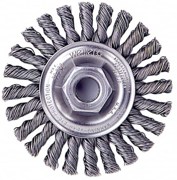 Weiler - 4" OD, 1/2-13 Arbor Hole, Knotted Stainless Steel Wheel Brush - 1/4" Face Width, 0.02" Filament Diam, 20,000 RPM - Benchmark Tooling