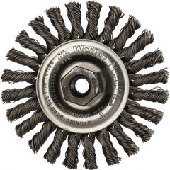 Weiler - 4" OD, M10x1.25 Arbor Hole, Knotted Steel Wheel Brush - 1/4" Face Width, 7/8" Trim Length, 0.02" Filament Diam, 20,000 RPM - Benchmark Tooling