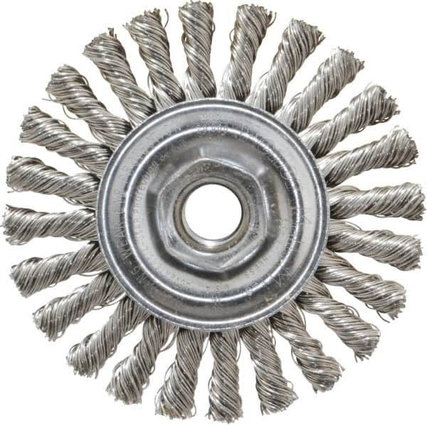 Weiler - 4" OD, 5/8-11 Arbor Hole, Knotted Stainless Steel Wheel Brush - 1/4" Face Width, 7/8" Trim Length, 0.02" Filament Diam, 20,000 RPM - Benchmark Tooling