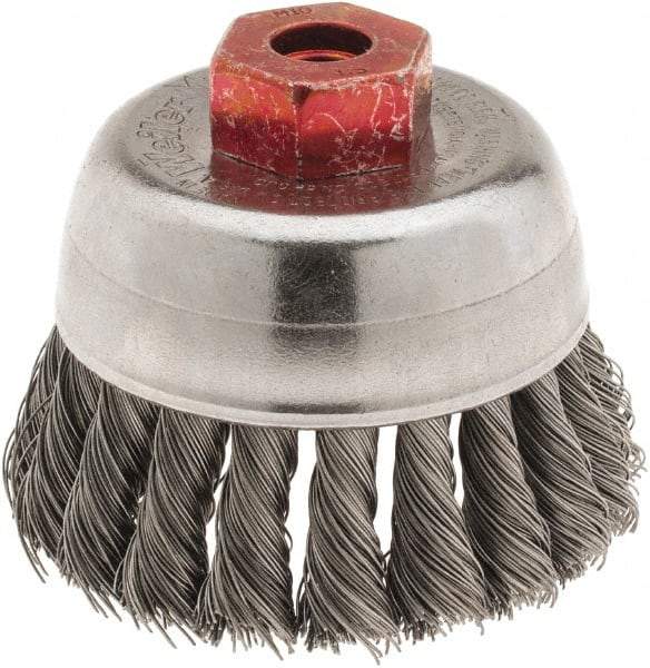 Weiler - 2-3/4" Diam, M10x1.50 Threaded Arbor, Steel Fill Cup Brush - 0.014 Wire Diam, 7/8" Trim Length, 14,000 Max RPM - Benchmark Tooling