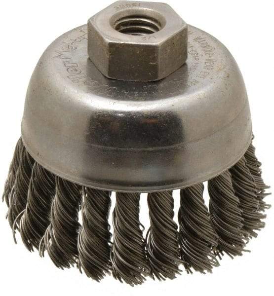 Weiler - 2-3/4" Diam, 1/2-13 Threaded Arbor, Steel Fill Cup Brush - 0.02 Wire Diam, 7/8" Trim Length, 14,000 Max RPM - Benchmark Tooling