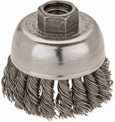 Weiler - 2-3/4" Diam, 5/8-11 Threaded Arbor, Steel Fill Cup Brush - 0.02 Wire Diam, 7/8" Trim Length, 14,000 Max RPM - Benchmark Tooling