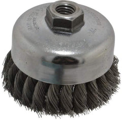 Weiler - 4" Diam, 5/8-11 Threaded Arbor, Steel Fill Cup Brush - 0.014 Wire Diam, 1-1/4" Trim Length, 9,000 Max RPM - Benchmark Tooling