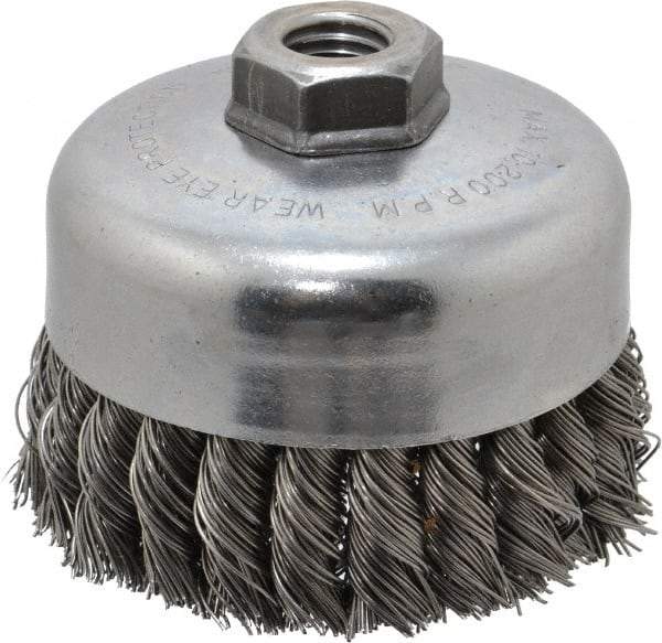 Weiler - 4" Diam, 5/8-11 Threaded Arbor, Steel Fill Cup Brush - 0.023 Wire Diam, 1-1/4" Trim Length, 9,000 Max RPM - Benchmark Tooling