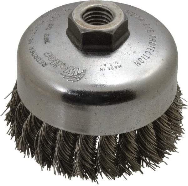 Weiler - 4" Diam, 5/8-11 Threaded Arbor, Stainless Steel Fill Cup Brush - 0.023 Wire Diam, 1-1/4" Trim Length, 9,000 Max RPM - Benchmark Tooling