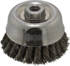 Weiler - 4" Diam, 5/8-11 Threaded Arbor, Steel Fill Cup Brush - 0.02 Wire Diam, 1-3/8" Trim Length, 9,000 Max RPM - Benchmark Tooling