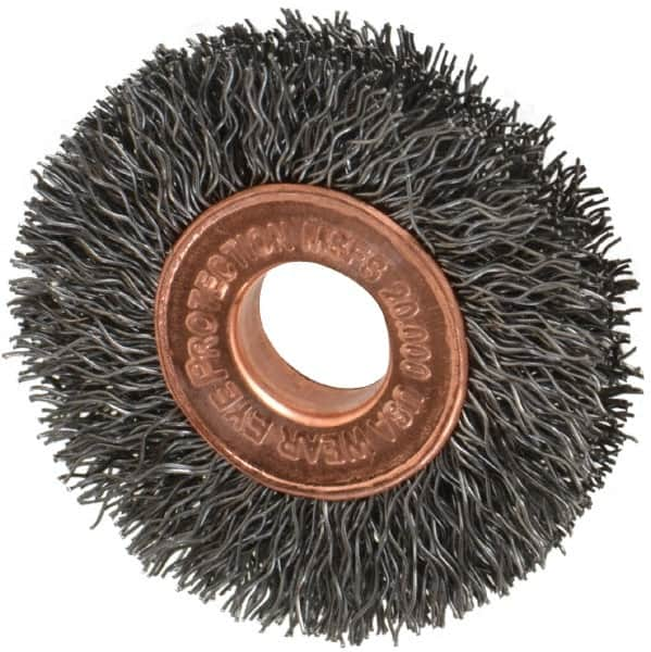 Weiler - 1-1/2" OD, 3/8" Arbor Hole, Crimped Steel Wheel Brush - 1/4" Face Width, 7/16" Trim Length, 0.0104" Filament Diam, 20,000 RPM - Benchmark Tooling