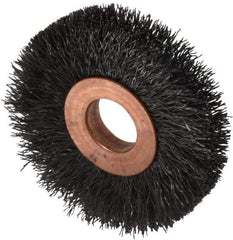 Weiler - 2" OD, 1/2" Arbor Hole, Crimped Steel Wheel Brush - 3/8" Face Width, 1/2" Trim Length, 0.008" Filament Diam, 20,000 RPM - Benchmark Tooling