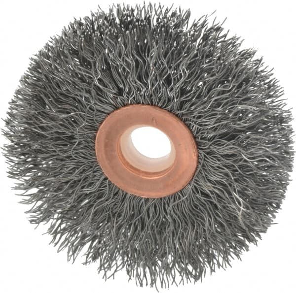 Weiler - 2-1/2" OD, 1/2" Arbor Hole, Crimped Steel Wheel Brush - 1/2" Face Width, 3/4" Trim Length, 0.0118" Filament Diam, 20,000 RPM - Benchmark Tooling