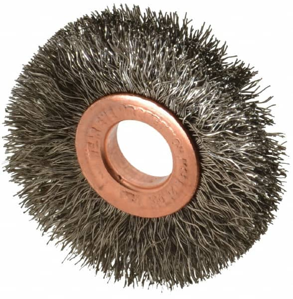 Weiler - 2" OD, 1/2" Arbor Hole, Crimped Stainless Steel Wheel Brush - 3/8" Face Width, 1/2" Trim Length, 0.0104" Filament Diam, 20,000 RPM - Benchmark Tooling