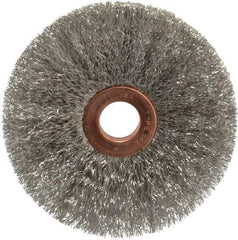 Weiler - 3" OD, 1/2" Arbor Hole, Crimped Stainless Steel Wheel Brush - 5/8" Face Width, 1" Trim Length, 0.006" Filament Diam, 20,000 RPM - Benchmark Tooling