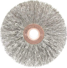 Weiler - 3" OD, 1/2" Arbor Hole, Crimped Stainless Steel Wheel Brush - 5/8" Face Width, 1" Trim Length, 0.0118" Filament Diam, 20,000 RPM - Benchmark Tooling