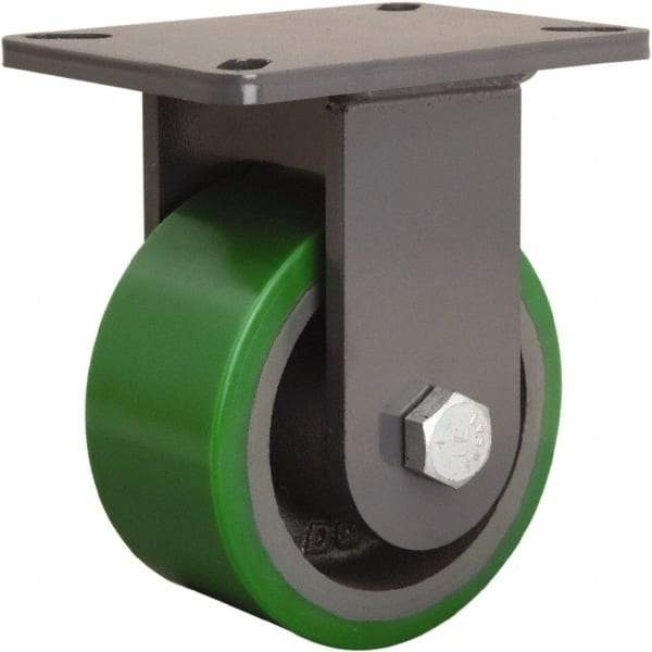 Hamilton - 6" Diam x 3" Wide x 8" OAH Top Plate Mount Rigid Caster - Polyurethane Mold onto Cast Iron Center, 2,200 Lb Capacity, Tapered Roller Bearing, 5-1/4 x 7-1/4" Plate - Benchmark Tooling