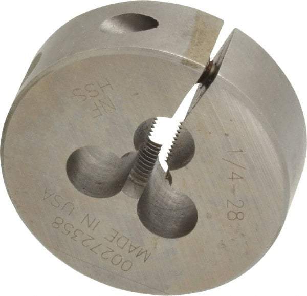 Made in USA - 1/4-28 UNF Thread, 1-1/2" Outside Diam High Speed Steel Round Die - 1/2" Thick, Right Hand Thread, Adjustable - Exact Industrial Supply