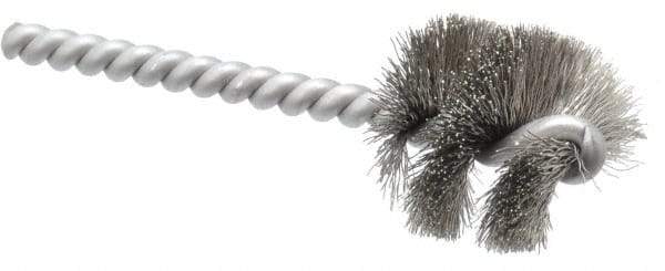 Made in USA - 1-1/8" Diam Helical Stainless Steel Tube Brush - 0.008" Filament Diam, 1" Brush Length, 3-1/2" OAL, 0.248" Diam Stainless Steel Shank - Benchmark Tooling