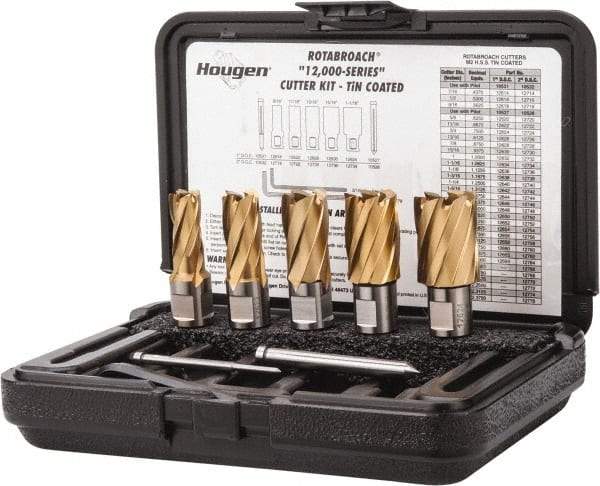 Hougen - 8 Piece, 9/16 to 1-1/16" Cutter Diam, 1" Cutting Depth, High Speed Steel Annular Cutter Set - TiN Finish, 3/4" Shank Diam, 9/16, 11/16, 13/16, 15/16, 1-1/16" Cutter Diams, 2 Flats on Shank - Benchmark Tooling