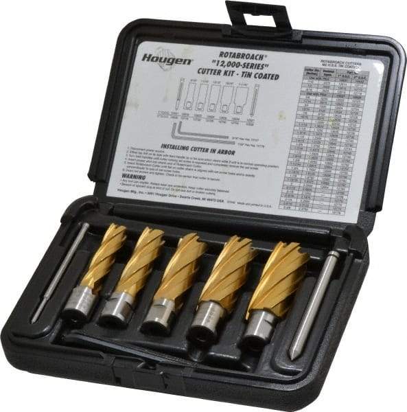 Hougen - 9 Piece, 9/16 to 1-1/16" Cutter Diam, 2" Cutting Depth, High Speed Steel Annular Cutter Set - TiN Finish, 3/4" Shank Diam, 9/16, 11/16, 13/16, 15/16, 1-1/16" Cutter Diams, 2 Flats on Shank - Benchmark Tooling