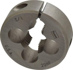 Irwin Hanson - 1/2-20 UNF Thread, 1-1/2" Outside Diam Carbon Steel Round Die - 1/2" Thick, Right Hand Thread, Adjustable - Exact Industrial Supply