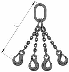 Pewag - 5' Long, 18,500 Lb Basket Capacity, 18,500 Lb Vertical Capacity, Stainless Steel Web Sling - QOS Chain Sling, 1/2" Diam Chain, Bright Polish, with 4 Sling Hooks & Master Link - Benchmark Tooling