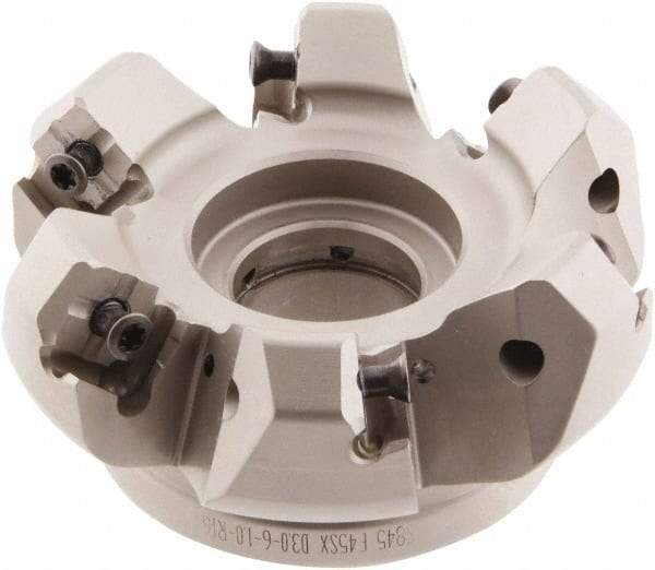 Iscar - 3.58" Cut Diam, 1" Arbor Hole, 0.276" Max Depth of Cut, 45° Indexable Chamfer & Angle Face Mill - 6 Inserts, S845 SX.U 16.. Insert, Right Hand Cut, 6 Flutes, Through Coolant, Series Helido - Benchmark Tooling