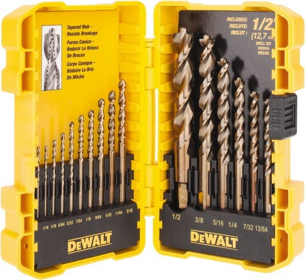 DeWALT - 1/16 to 1/2", 135° Point, Gold Finish, High Speed Steel Jobber Length Drill Bit Set - Benchmark Tooling