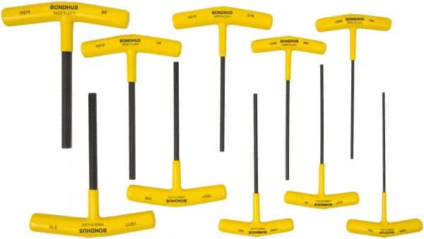 Bondhus - 10 Piece T-Handle Cushion Grip Hex Key Set - Hex Range 3/32 to 3/8", 6" OAL, Protanium High Torque Steel - Benchmark Tooling