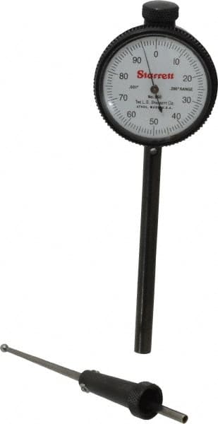 Starrett - 0.2 Inch Range, 0.001 Inch Dial Graduation, Dial Test Indicator - 1-11/16 Inch White Dial, 0-100 Dial Reading - Benchmark Tooling