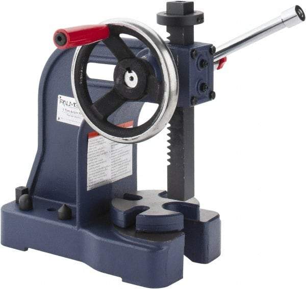 Palmgren - 1" Ram, 4" Throat Depth, 1 Ton Manual Arbor Press - 5-1/2" Max Work Height x 8" Max Work Width, Single Leverage, 5" Base Width x 10-1/2" Base Depth - Benchmark Tooling