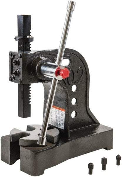 Palmgren - 1-1/4" Ram, 5-15/16" Throat Depth, 2 Ton Manual Arbor Press - 8" Max Work Height x 11-7/8" Max Work Width, Single Leverage, 6-1/2" Base Width x 16" Base Depth - Benchmark Tooling