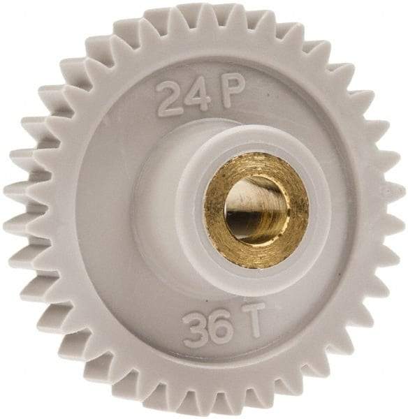 Made in USA - 24 Pitch, 1-1/2" Pitch Diam, 1.583" OD, 36 Tooth Spur Gear - 1/4" Face Width, 1/4" Bore Diam, 5/8" Hub Diam, 20° Pressure Angle, Acetal - Benchmark Tooling