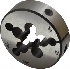 Interstate - 3/4-20 UNEF Thread, 2-1/2" Outside Diam High Speed Steel Round Die - Right Hand Thread, Adjustable - Exact Industrial Supply