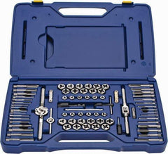 Irwin Hanson - M3x0.50 to M12x1.75 Tap, M3x0.50 to M12x1.75 Die, NPT, Tap and Die Set - Bright Finish Carbon Steel, Carbon Steel Taps, Nonadjustable 5/8, 1" Hex Size, 76 Piece Set with Plastic Case - Exact Industrial Supply