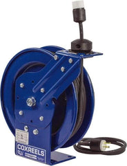 CoxReels - 12 AWG, 50' Cable Length, Cord & Cable Reel with Outlet End - 1 Outlet, NEMA 5-20R, 20 Amps, 115 Volts, SJO Cable, Blue Reel, Spring Driven Reel - Benchmark Tooling