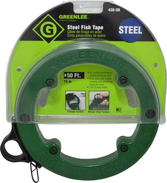 Greenlee - 50 Ft. Long x 1/8 Inch Wide, 3/64 Inch Thick, Steel Fish Tape - 400 Lb. Pulling Strength, Includes Case - Benchmark Tooling