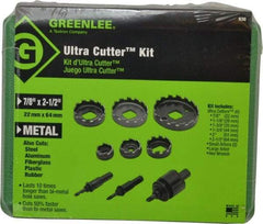 Greenlee - 9 Piece, 7/8" to 2-1/2" Saw Diam, Electrician's Hole Saw Kit - High Speed Steel, Toothed Edge, Includes 6 Hole Saws - Benchmark Tooling