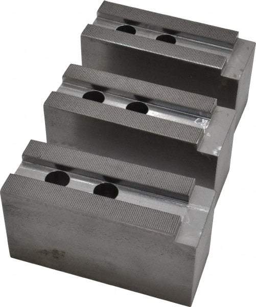 H & R Manufacturing - 15" Chuck Capacity, 1.5mm x 60° Serrated Attachment, Square Soft Lathe Chuck Jaw - 3 Jaws, Steel, 1.69" Btw Mount Hole Ctrs, 6-1/2" Long x 2-1/2" Wide x 3-1/2" High, 0.866" Groove, 20mm Fastener - Benchmark Tooling