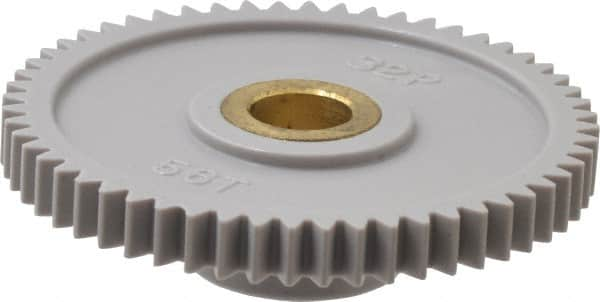 Made in USA - 32 Pitch, 1-3/4" Pitch Diam, 1-13/16" OD, 56 Tooth Spur Gear - 3/16" Face Width, 5/16" Bore Diam, 43/64" Hub Diam, 20° Pressure Angle, Acetal - Benchmark Tooling