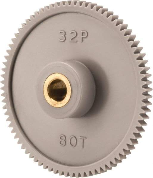 Made in USA - 32 Pitch, 2-1/2" Pitch Diam, 2-9/16" OD, 80 Tooth Spur Gear - 3/16" Face Width, 5/16" Bore Diam, 13/16" Hub Diam, 20° Pressure Angle, Acetal - Benchmark Tooling