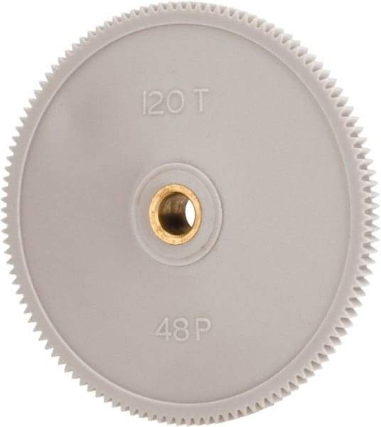 Made in USA - 48 Pitch, 2-1/2" Pitch Diam, 2.542" OD, 120 Tooth Spur Gear - 1/8" Face Width, 1/4" Bore Diam, 39/64" Hub Diam, 20° Pressure Angle, Acetal - Benchmark Tooling