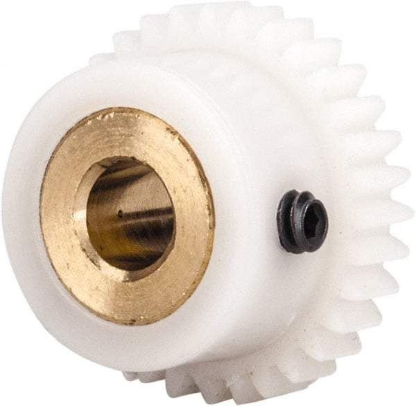 Made in USA - 48 Pitch, 0.667" Pitch Diam, 0.708" OD, 32 Tooth Spur Gear - 1/8" Face Width, 3/16" Bore Diam, 35/64" Hub Diam, 20° Pressure Angle, Acetal - Benchmark Tooling