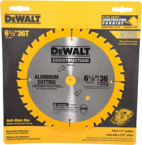 DeWALT - 6-1/2" Diam, 5/8" Arbor Hole Diam, 36 Tooth Wet & Dry Cut Saw Blade - Carbide-Tipped, Standard Round Arbor - Benchmark Tooling