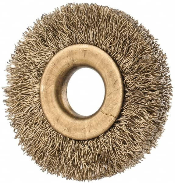 Value Collection - 1-3/8" OD, 3/8" Arbor Hole, Crimped Brass-Coated Steel Wheel Brush - 1/4" Face Width, 3/8" Trim Length, 0.007" Filament Diam, 20,000 RPM - Benchmark Tooling