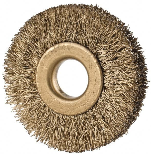 Value Collection - 1-1/2" OD, 3/8" Arbor Hole, Crimped Brass-Coated Steel Wheel Brush - 1/4" Face Width, 3/8" Trim Length, 0.007" Filament Diam, 20,000 RPM - Benchmark Tooling