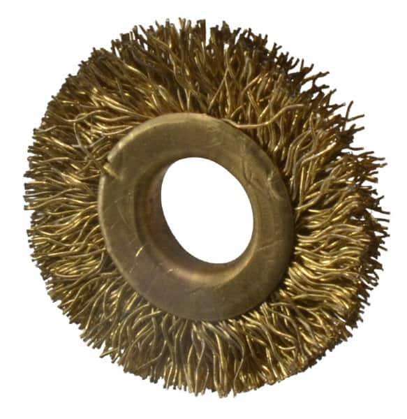 Value Collection - 1-1/4" OD, 3/8" Arbor Hole, Crimped Brass-Coated Steel Wheel Brush - 1/4" Face Width, 1/4" Trim Length, 0.012" Filament Diam, 20,000 RPM - Benchmark Tooling