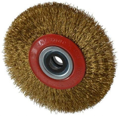 Value Collection - 5" OD, 3/4" Arbor Hole, Crimped Brass-Coated Steel Wheel Brush - 11/16" Face Width, 1-3/32" Trim Length, 0.014" Filament Diam, 6,000 RPM - Benchmark Tooling