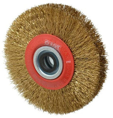 Value Collection - 5" OD, 3/4" Arbor Hole, Crimped Brass-Coated Steel Wheel Brush - 1" Face Width, 1-3/32" Trim Length, 0.014" Filament Diam, 6,000 RPM - Benchmark Tooling