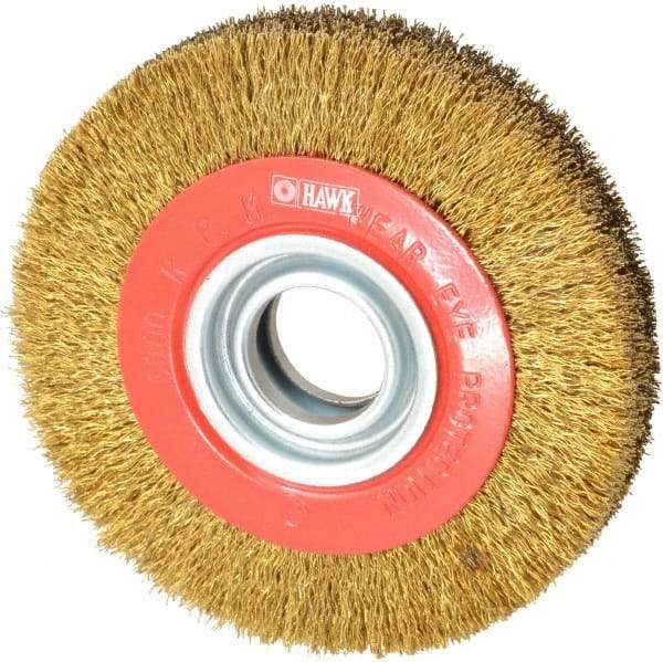 Value Collection - 6" OD, 1-1/4" Arbor Hole, Crimped Brass-Coated Steel Wheel Brush - 1" Face Width, 1-1/8" Trim Length, 0.014" Filament Diam, 6,000 RPM - Benchmark Tooling