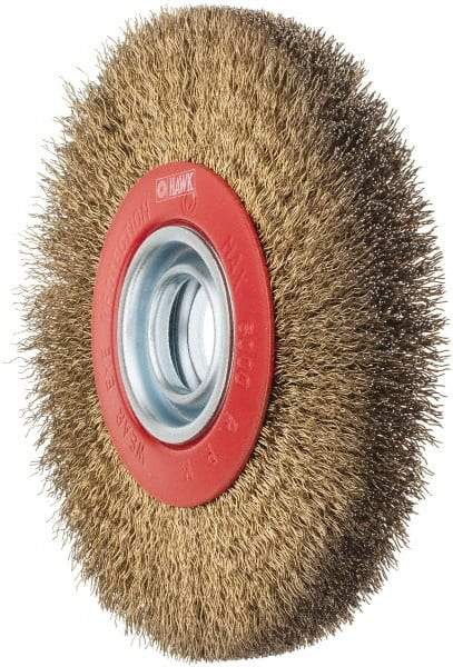 Value Collection - 7" OD, 1-1/4" Arbor Hole, Crimped Brass-Coated Steel Wheel Brush - 3/4" Face Width, 1-1/2" Trim Length, 0.014" Filament Diam, 6,000 RPM - Benchmark Tooling