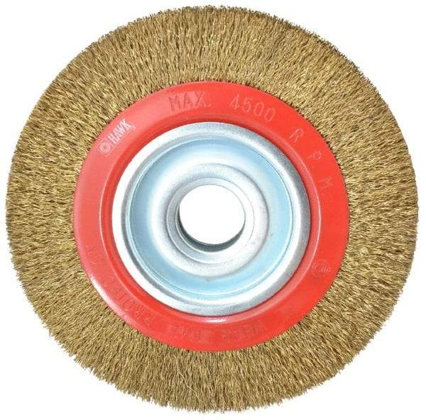 Value Collection - 8" OD, 1-1/4" Arbor Hole, Crimped Brass-Coated Steel Wheel Brush - 1" Face Width, 1-11/32" Trim Length, 0.014" Filament Diam, 4,500 RPM - Benchmark Tooling