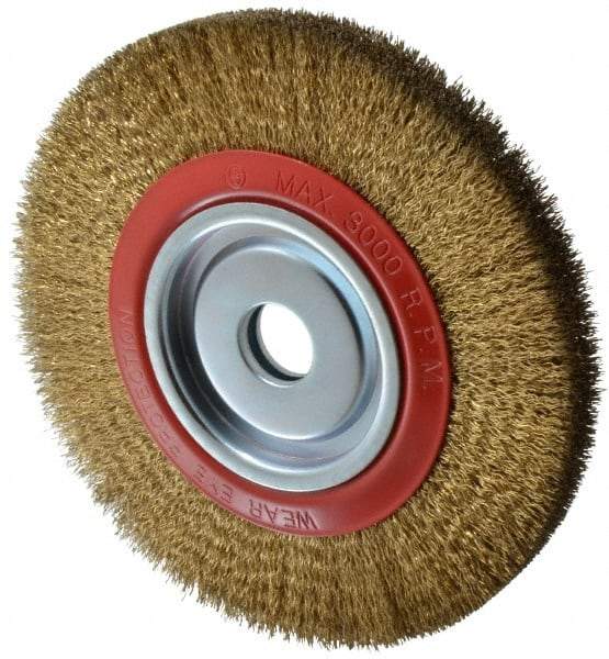 Value Collection - 10" OD, 1-1/4" Arbor Hole, Crimped Brass-Coated Steel Wheel Brush - 1" Face Width, 1-15/32" Trim Length, 0.014" Filament Diam, 3,000 RPM - Benchmark Tooling